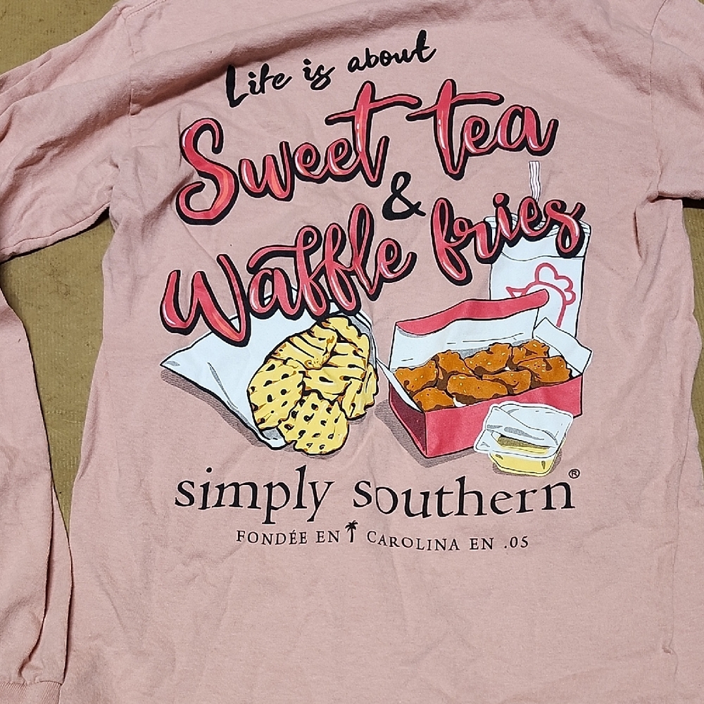 Simply Southern Womens Sweet Tea & Waffle Fries Pink Long Sleeve Tee